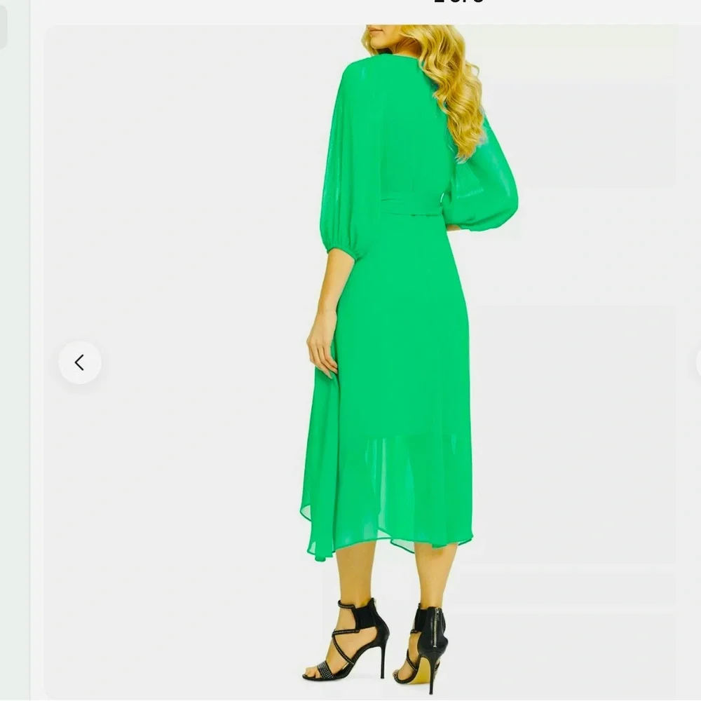 DKNY Dress Chiffon Faux-Wrap VNeck Balloon Slv Bright Apple Green Sz 16 - Picture 10 of 13